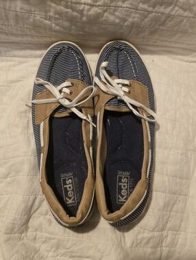Keds Womans Striped Canvas Slip-On in Navy, White and Tan